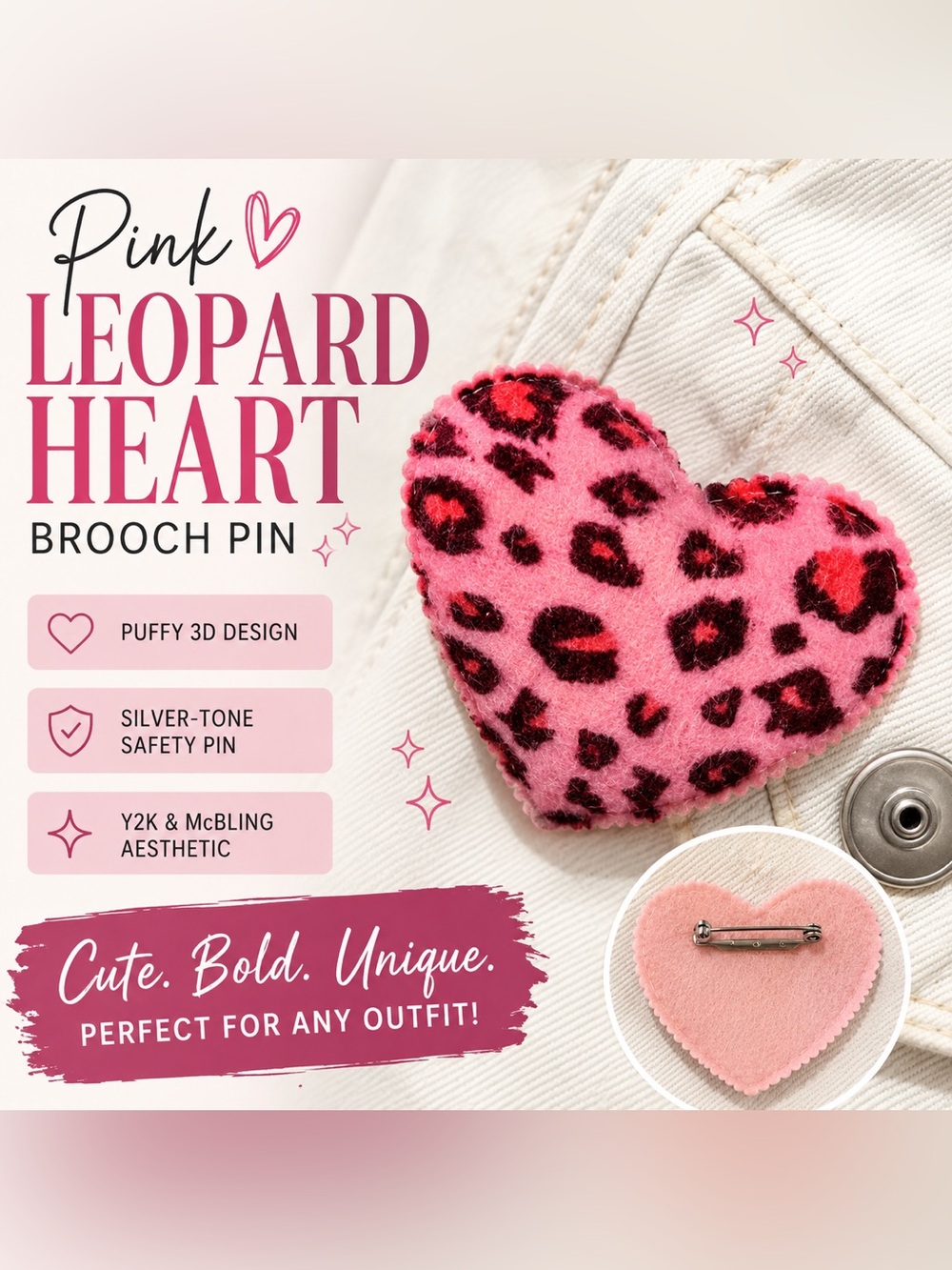 Pink Leopard Print Heart Brooch Pin Y2K McBling